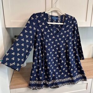 April Cornell Tunic Women XXS Navy Blue Floral Rayon V-Neck 3/4 Sleeve Excellent